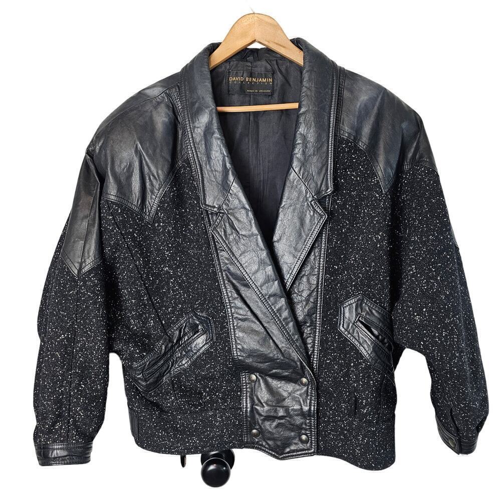 Vintage 8os Bomber Jacket Womens Size 12 Black Wool Leather Punk Glam Rock Retro - Picture 1 of 11